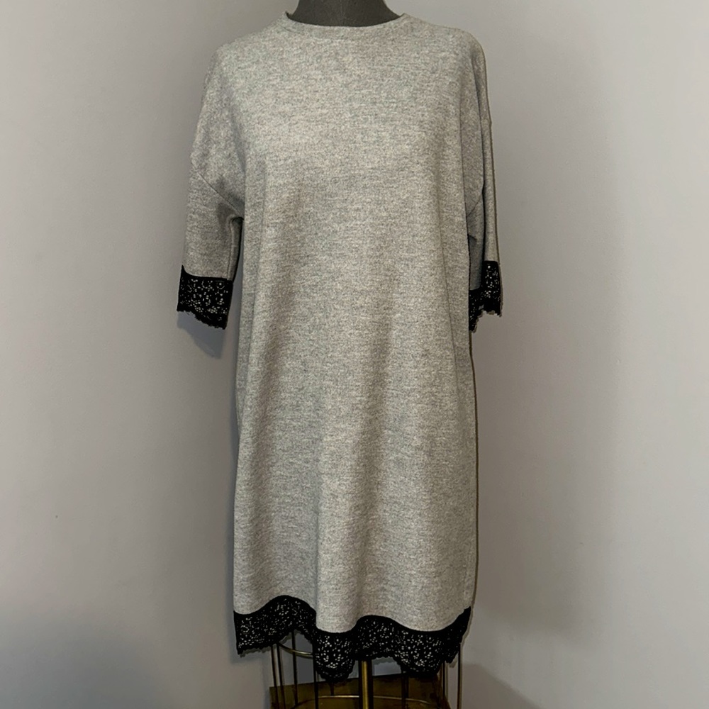 ZARA Trafaluc Grey Soft Knit Crew Neck Dress Black Lace Trim Size L